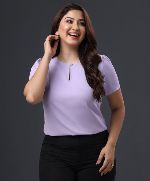 Button Detailed Round Neck Purple Top