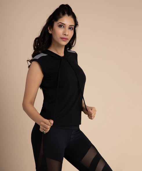 Grey Shoulder Panel Sleeveless Black Hoodie