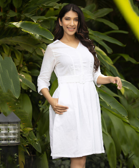 Top Stitched Detailed Mini Linen Dress