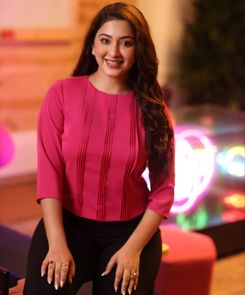 Detailed Pintuck Chiffon Pink Top