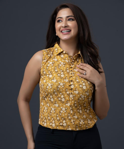 Front Buttoned Mustard Printed Top