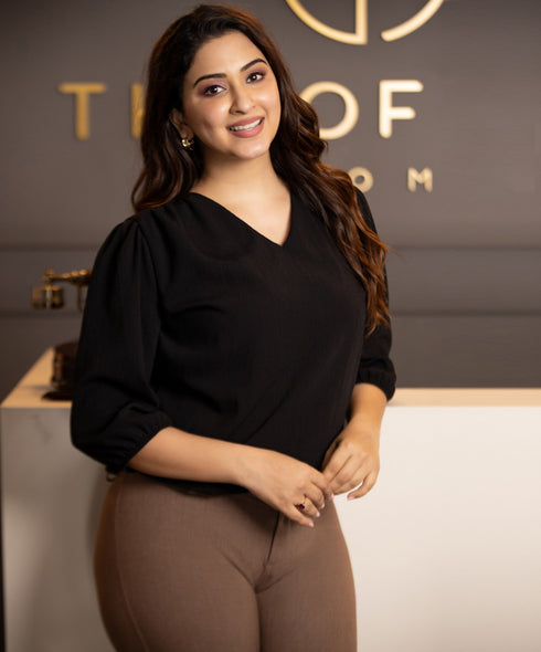 Black Vneck Lantern Sleeve Top