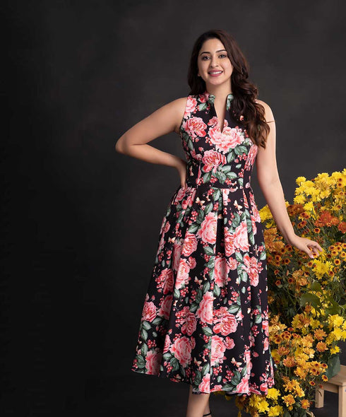 V Cut Neck Printed Midi Dress