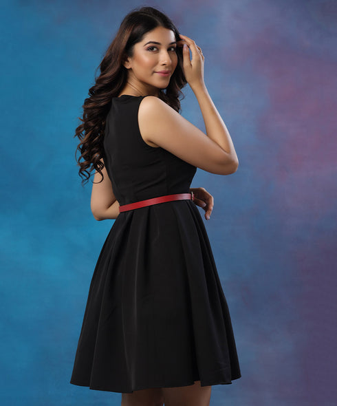 Front Open Pleated Black Dress