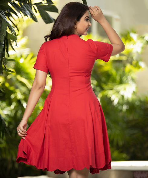 Scalloped Hem Red Linen Dress