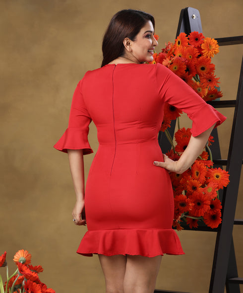 Frilled Half Sleeve Red Mini Dress