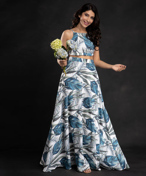 Blue Leaf Crop Top N Skirt Set