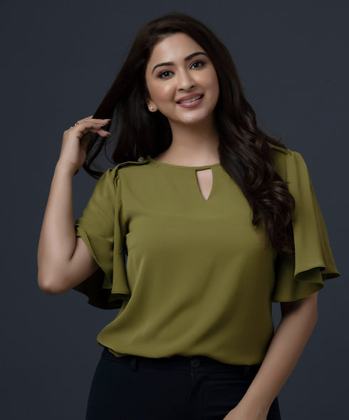 Flared Sleeve Button On Shoulder Top