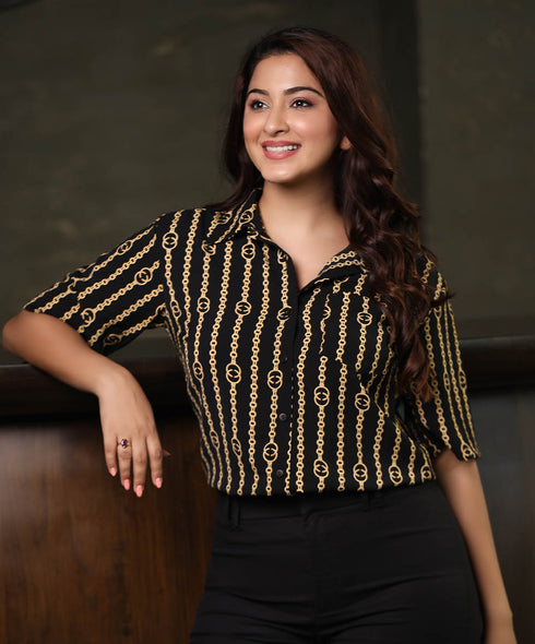 Printed Detailed Formal Black Shirt