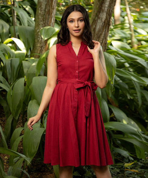 Maroon Sleeveless Waist Belt Linen Dress