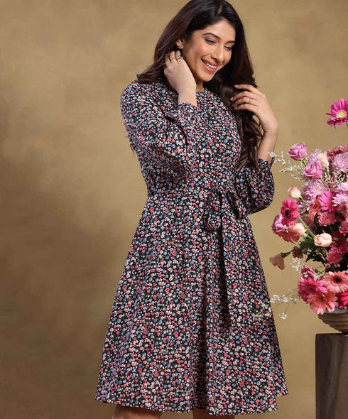 Long Balloon Sleeved Printed Dress