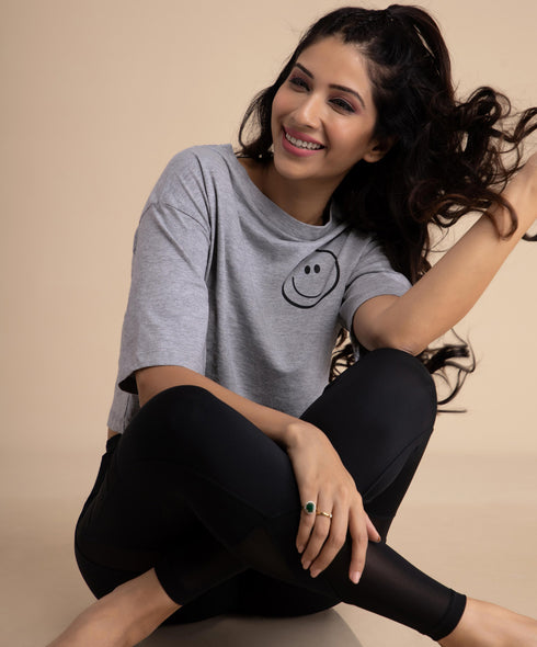 Grey Smiley Face Drop Shoulder TShirt