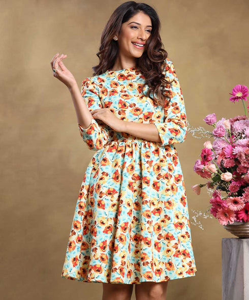 Half Sleeve Gathered Printed Dress