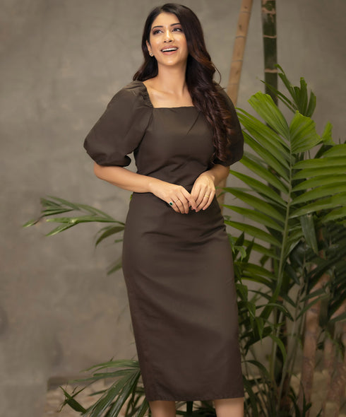 Sleeve Puffed Linen Khaki Shift Dress