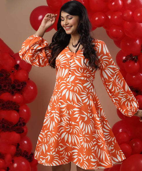 Balloon Sleeve Printed Skater Chiffon Dress