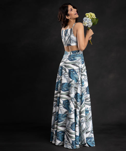 Blue Leaf Crop Top N Skirt Set