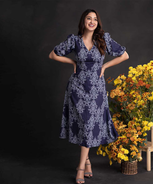 White Printed Navy Blue Chiffon Dress