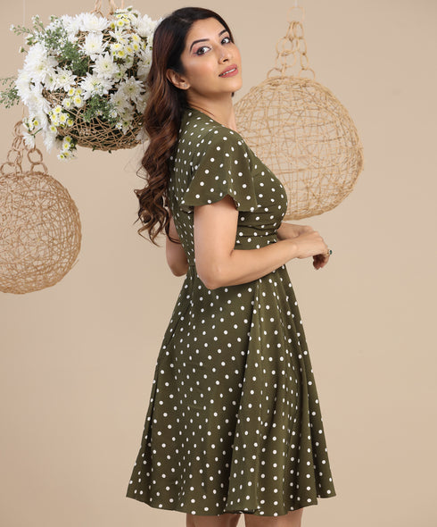 Vneck Sleeve Flared Dress With Belt