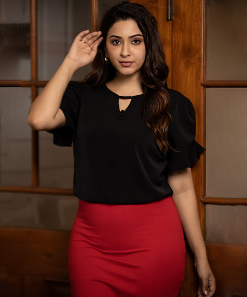 Black Front Buttoned Sleeve Frilled Top