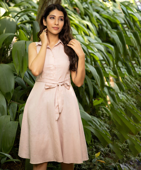 Pink Front Button Linen Shirt Dress