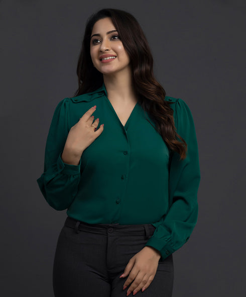 Long Sleeve Studded Green Chiffon Shirt