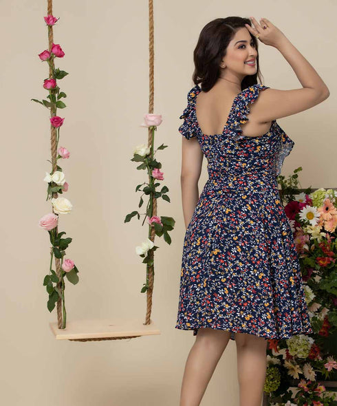 Square Necked Printed Sleeve Frilled Dress