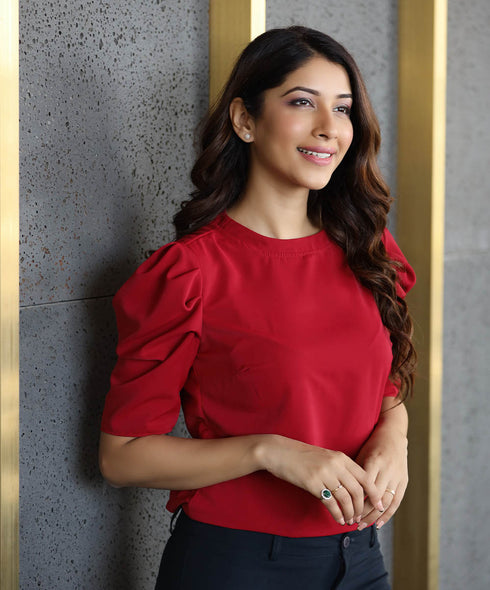 Sleeve Detailed Round Neck Maroon Top