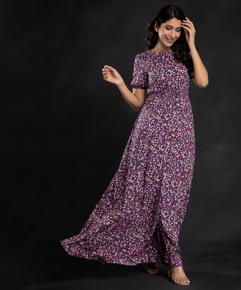 Sweet Sleeve Tie Micro Floral Maxi
