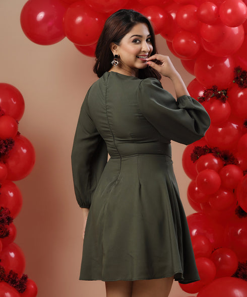 Bow Tie Deep Vneck Green Dress
