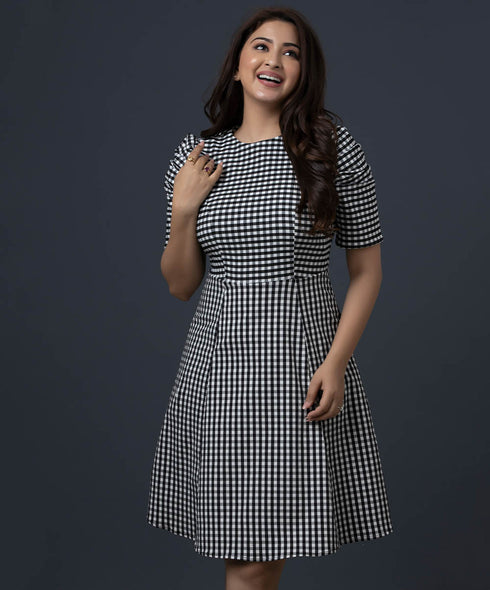 Sleeve Detailed Mini Check Dress