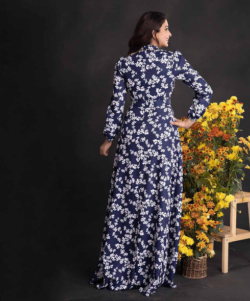 Navy Blue Elegant Floral Printed Maxi