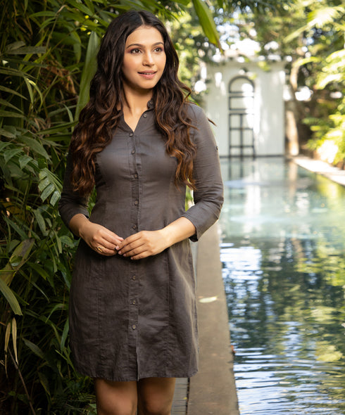 Grey Princess Line Linen Short Dress