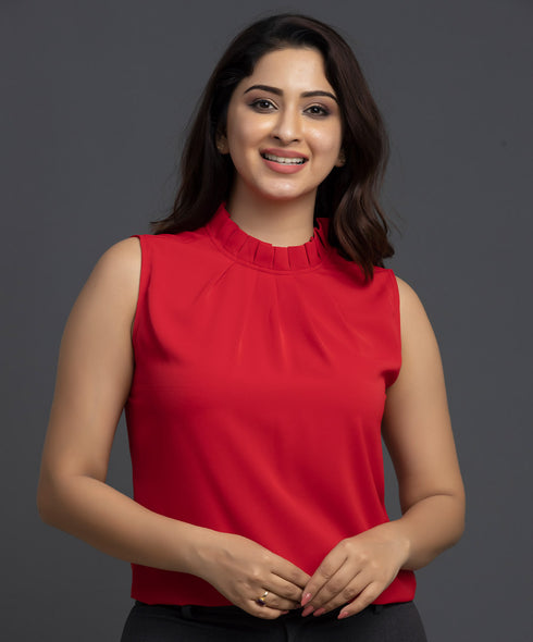 Red Pleated Neck Chiffon Sleeveless Top