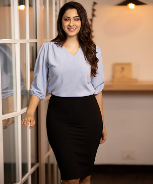 Light Blue Vneck Lantern Sleeve Top