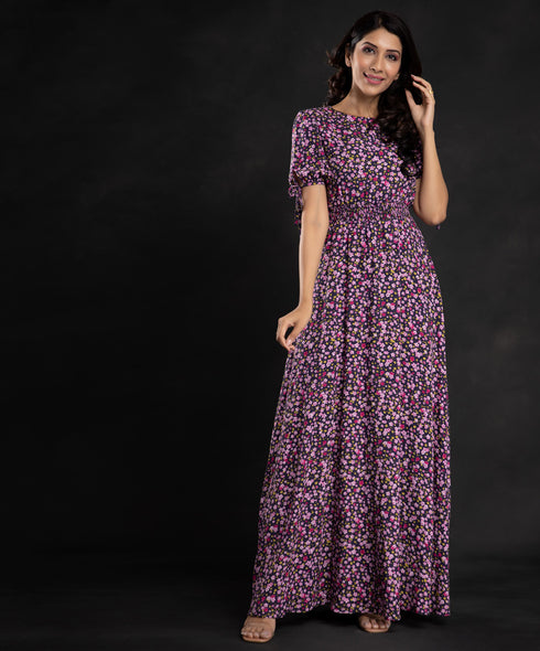 Sweet Sleeve Tie Micro Floral Maxi