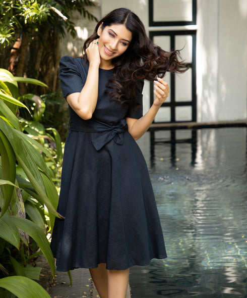 Navy Waist Tie Linen Dress