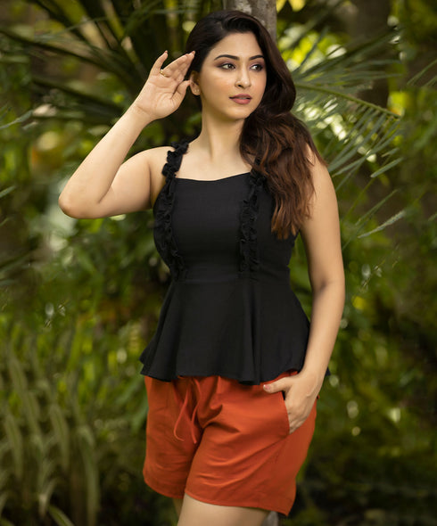 Frilled Strappy Black Peplum Linen Top