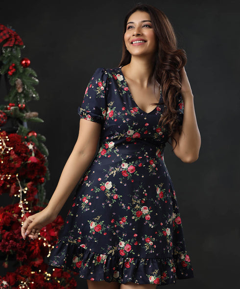 Vneck Mini Boho Floral Mini Dress