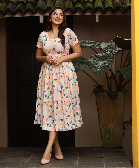 Round Neck Short Sleeve Printed Dress