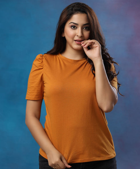 Sleeve Puffed Crew Neck Mustard Tshirt