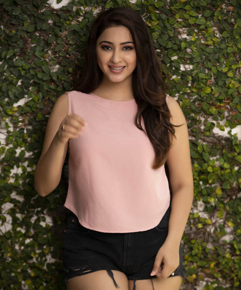 Basic Crew Neck Linen Light Pink Top