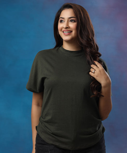 Side Gathered Crew Neck Green Tshirt