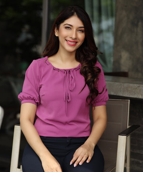 Eyelet Detailed Purple Chiffon Top