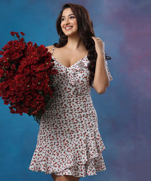 Frilled Sleeveless Mini Printed Dress