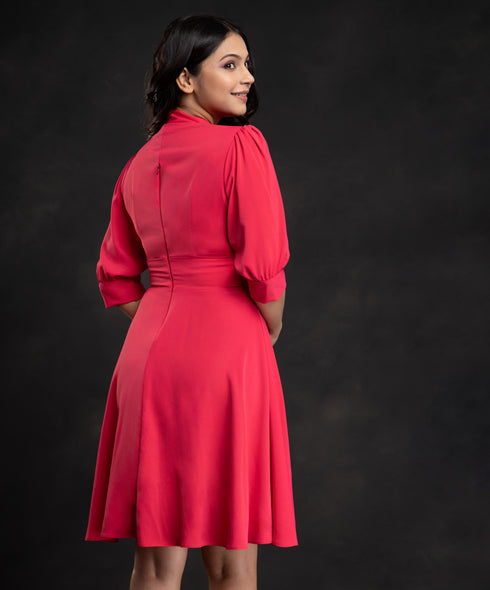 Hot Pink Sweet Neck Tie Flared Dress