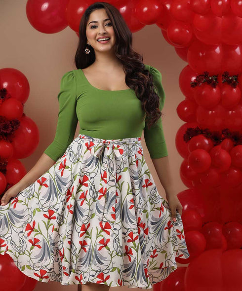 Puffed Gathered Two Tone Midi Dress