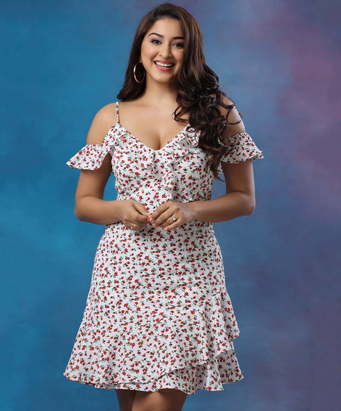 Frilled Sleeveless Mini Printed Dress