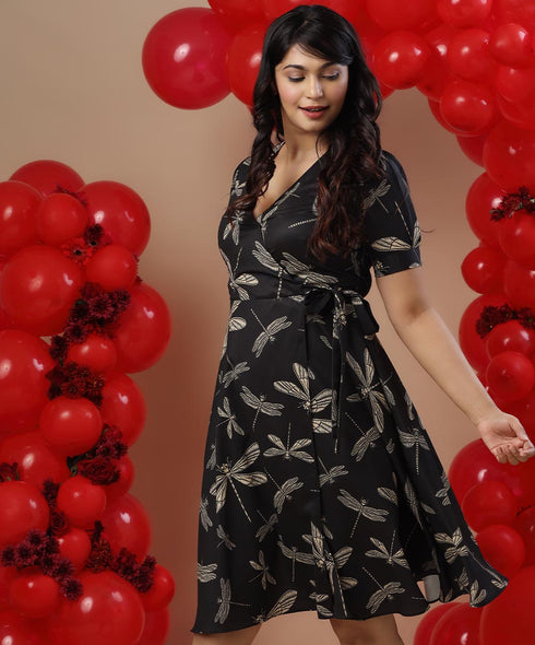 Vneck Sleeve Detailed Printed Dress