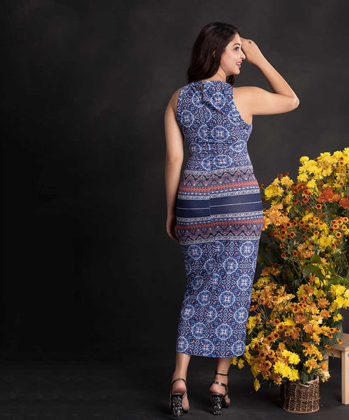 Blue Printed ITY body Hugging Maxi