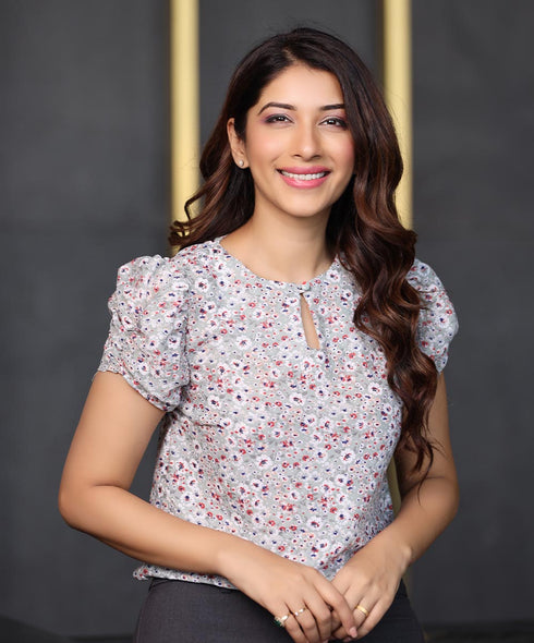 Keyhole Neck Puff Sleeve Green Top